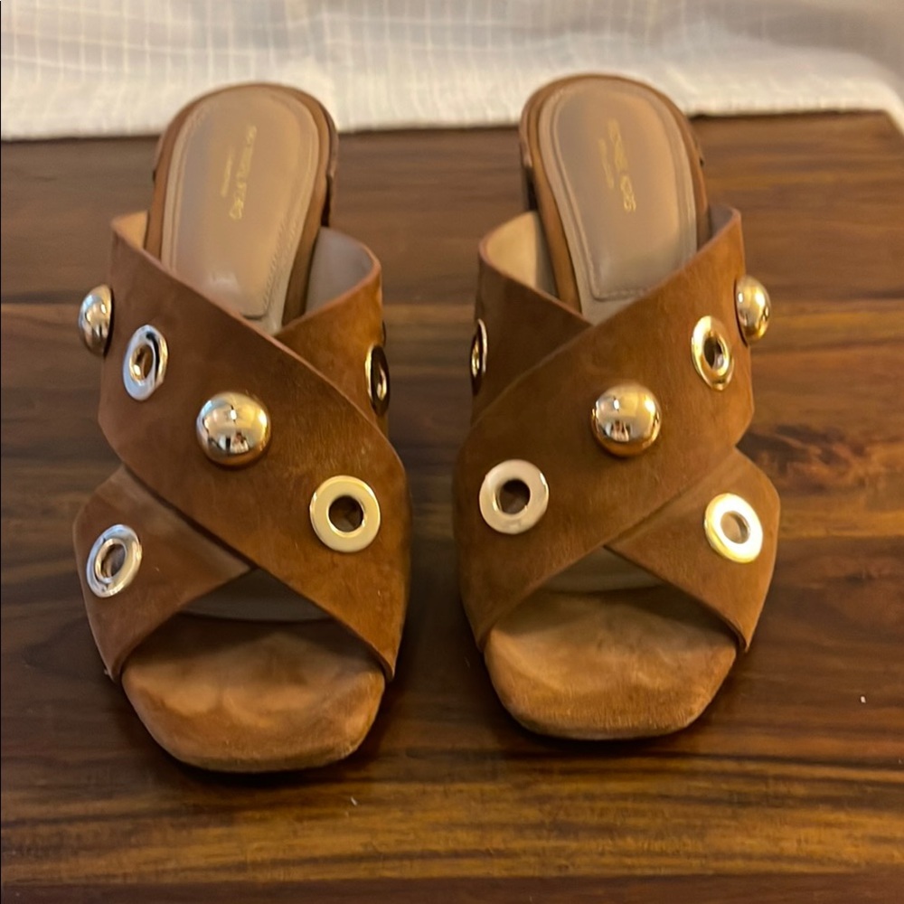 Michael Kors Collection sz39 1/2 Brown Suede Slide Sandals with Metallic